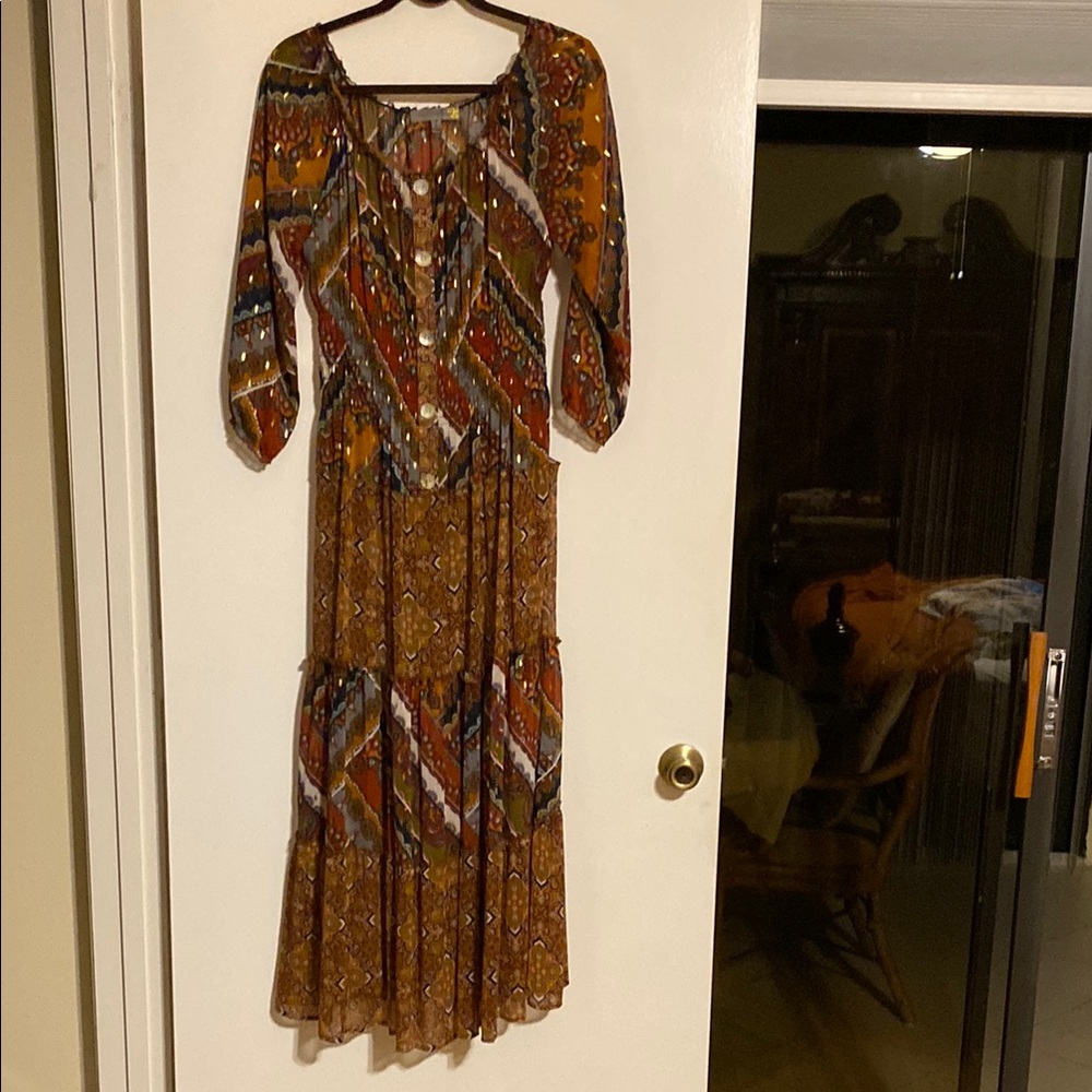 Orange and Brown Ruffled Tiered Maxi Dress with V-Neck
